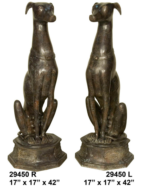 Greyhounds (Whippets) Sitting on Pedestals, Left & Right Pair