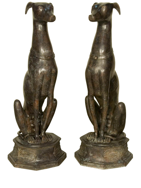 Greyhounds (Whippets) Sitting on Pedestals, Left & Right Pair