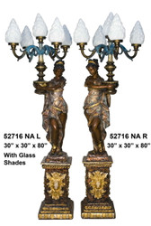 80" Lamps with Maidens on Pedestals, Left & Right Pair - Shades Included (not shown) - Special Patina, Style NA