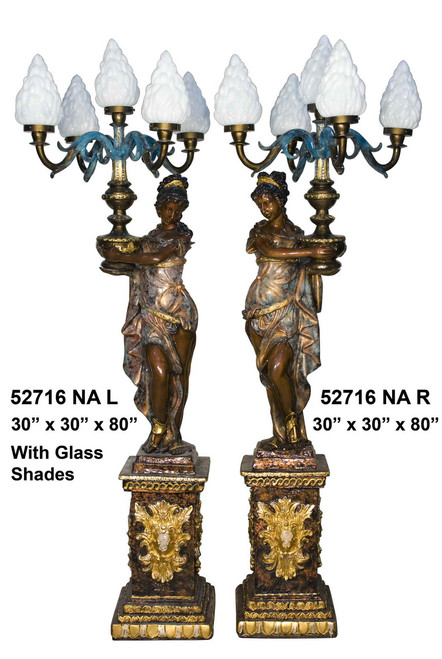 80" Lamps with Maidens on Pedestals, Left & Right Pair - Shades Included (not shown) - Special Patina, Style NA