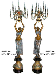 109" Maidens on Pedestals - Left & Right Pair - Ornate Torchieres - Special Patina, Style NA
