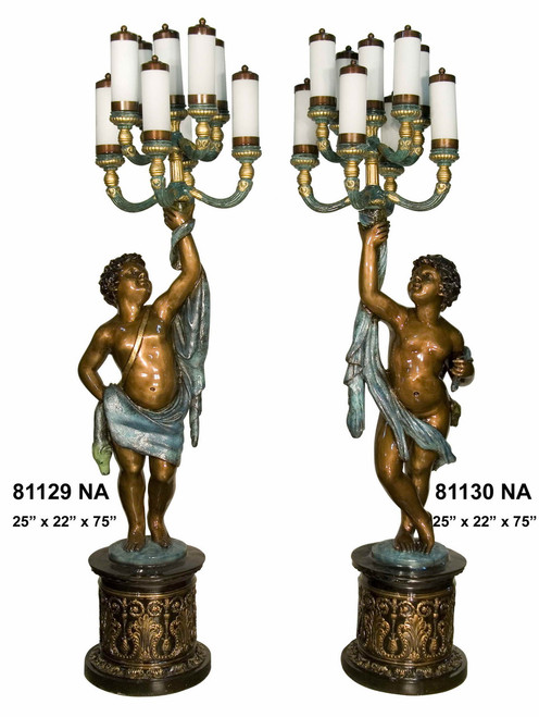 Cherubs on Pedestals, Left & Right Pair - Special Patina, Style NA