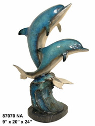 Dolphins Playing on a Wave - with Marble Base - Special Patina, Style NA
