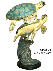 2 Sea Turtles Swimming - with Marble Base - Special Patina, Style NA
