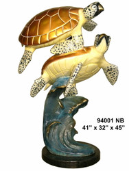 2 Sea Turtles Swimming - with Marble Base - Special Patina, Style NB
