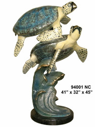 2 Sea Turtles Swimming - with Marble Base - Special Patina, Style NC