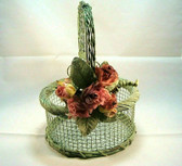 Olivia Wong ~ GREEN WIRE BASKET *6" Round w/Burgandy Florals* NEW From Shop