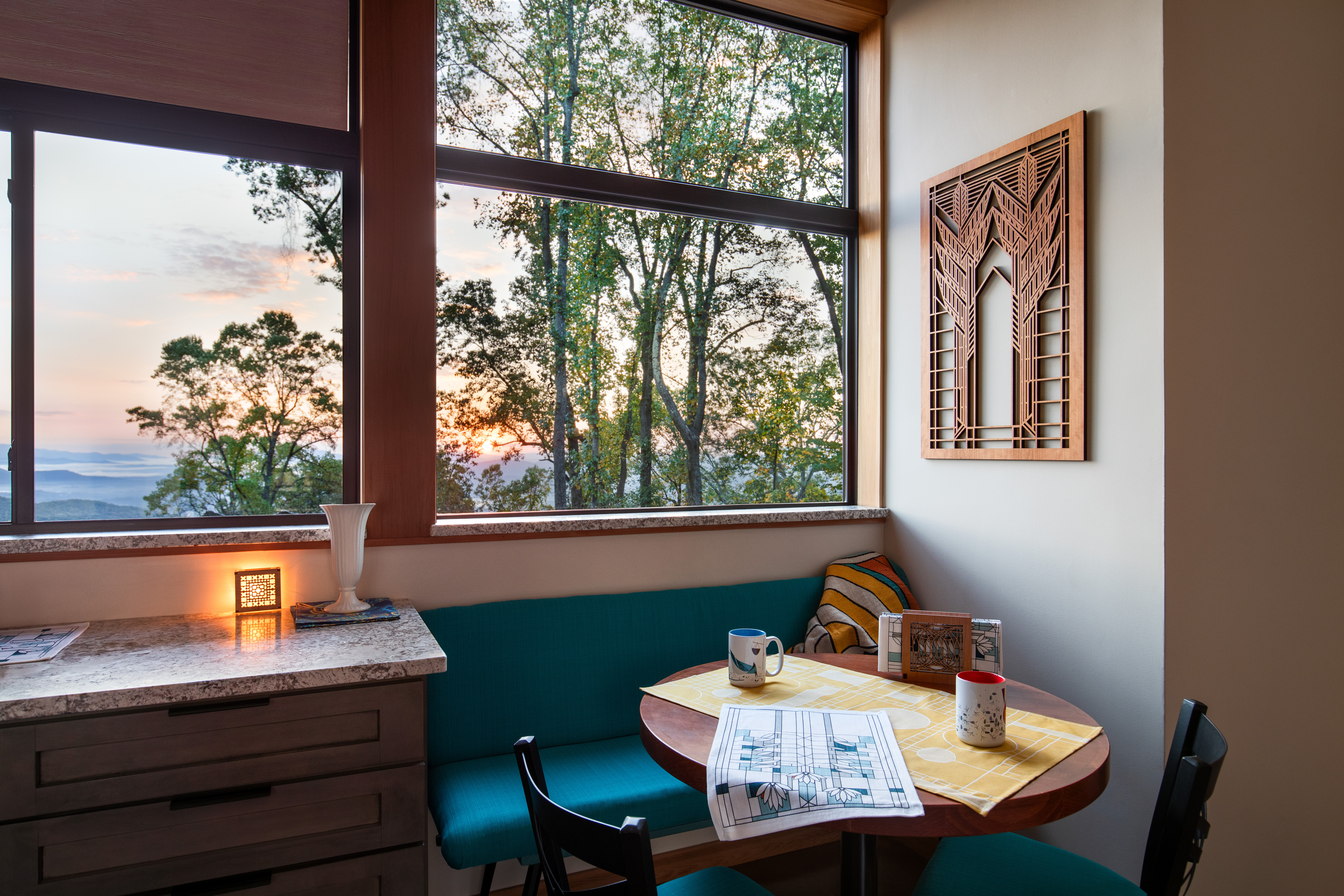 Allen House A Night Light and Double Sumac Wall Element pictured in a North Carolina home based on Frank Lloyd Wright's Bachman-Wilson House