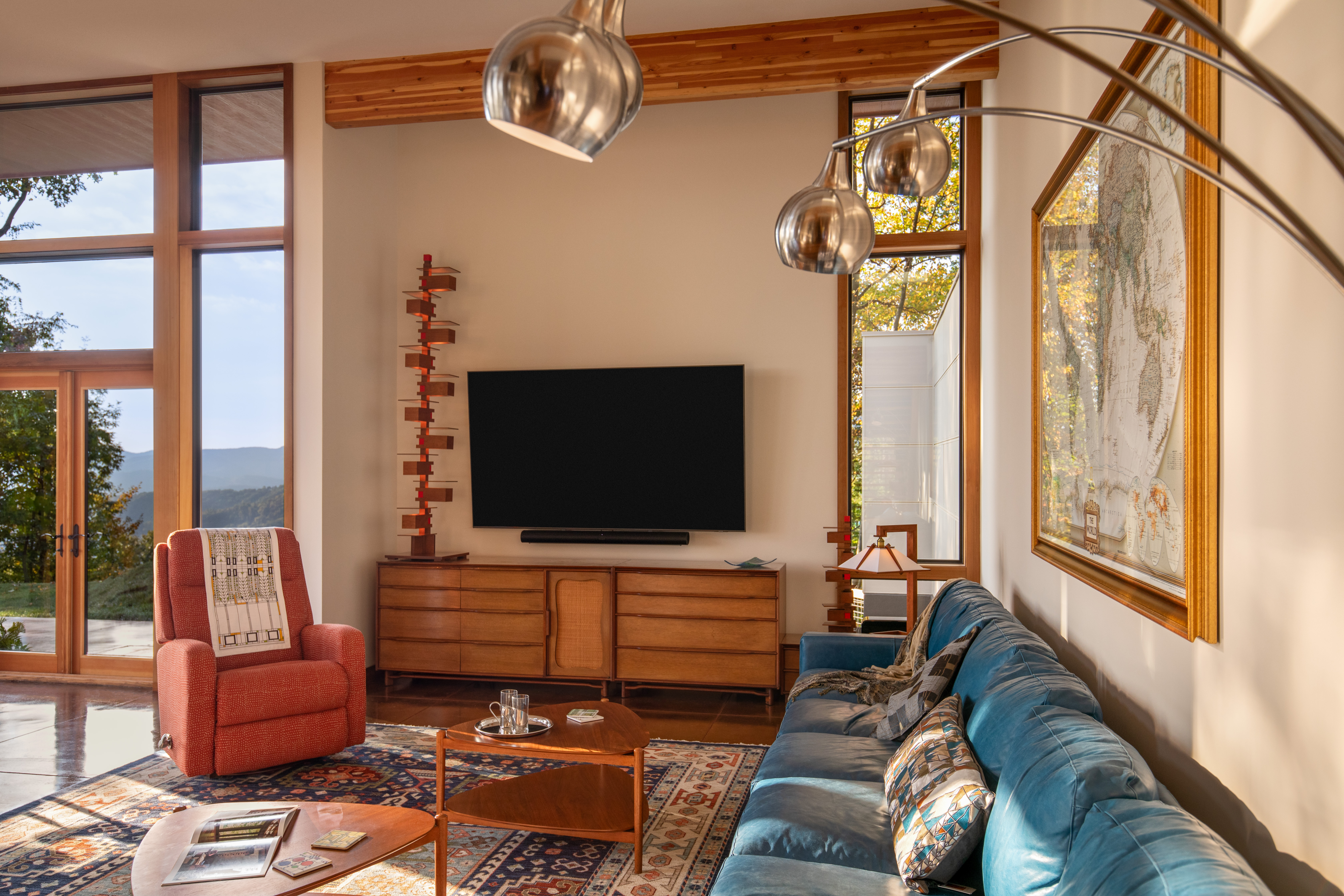 Taliesin 2 Floor Lamp and Taliesin 1 Table Lamp pictured in a North Carolina home based on Frank Lloyd Wright's Bachman-Wilson House