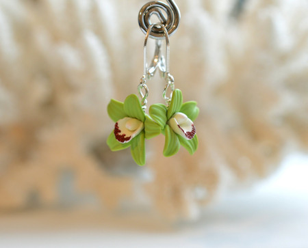 Green Cymbidium Orchid Simple Dangle Earrings