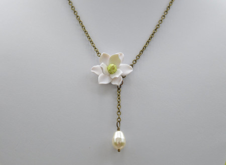 Helena Drop Necklace in White Magnolia with Pearl