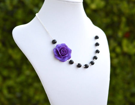 Jessica Asymmetrical Necklace in Violet Rose and Black Beads. FREE EARRINGS