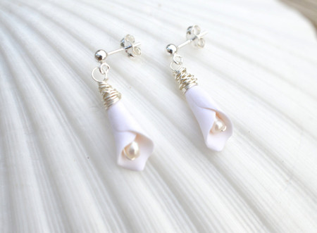 White Calla Lily on Sterling Silver Stud Earrings. 