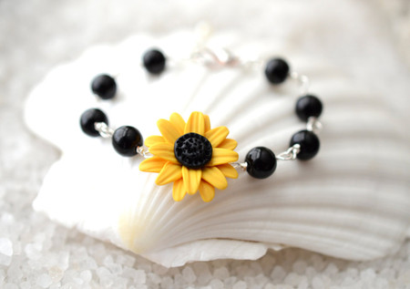 Andrea Link Bracelet in Golden Yellow Sunflower with Pearls or Black Beads