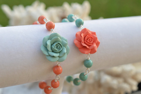 Lauren Link Bracelet in Dusty Mint and Coral Rose