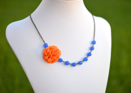 Leah Asymmetrical Necklace in Orange Carnation with Royal Blue Stones. FREE EARRINGS