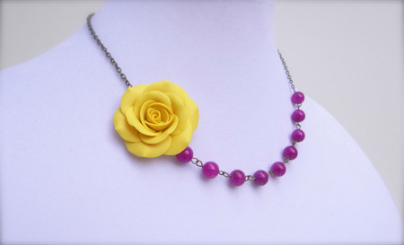 Leah Asymmetrical Necklace in Golden Yellow Rose with Purple orchid Jade. FREE EARRINGS