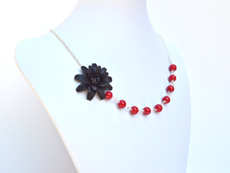 Leah Asymmetrical Necklace in Black Dahlia with Red Beads. FREE EARRINGS