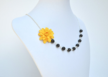 Leah Asymmetrical Necklace in Golden Yellow Dahlia with Black Beads. FREE EARRINGS