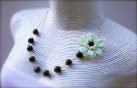 Leah Asymmetrical Necklace in Ivory Gerbera Black Center with Black Beads . FREE EARRINGS 