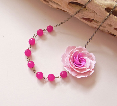 Leah Asymmetrical Necklace in Pink Peony with Hot Pink Stones. FREE EARRINGS