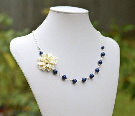 Brenda Asymmetrical Necklace in  Ivory Dahlia and Dark Blue Swarovski Pearls. FREE EARRINGS