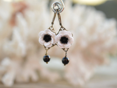 Richelle Statement Earrings in Black and White Anemone/Poppy with Black Beads.