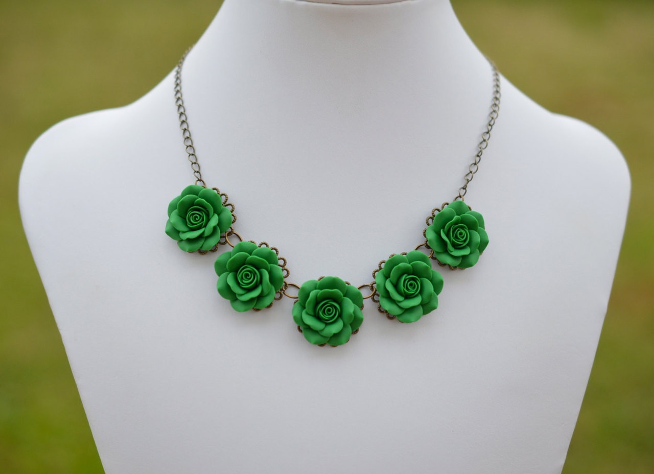 Mint Green & Gold Flower Statement Necklace Fashion Jewelry