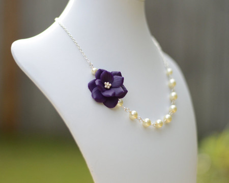 Brenda Asymmetrical Necklace in  Deep Purple Garden Rose. Free Earrings