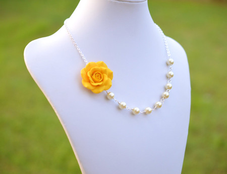 Jessica Asymmetrical Necklace in Golden Yellow Rose. FREE EARRINGS