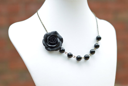 Jessica Asymmetrical Necklace in Black Rose with Black Beads. FREE EARRINGS