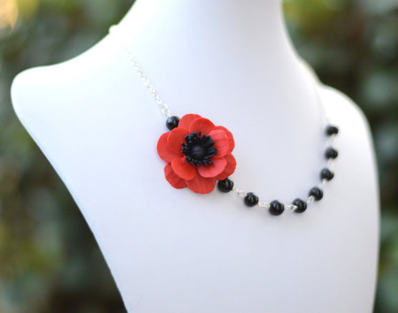 Leah Asymmetrical Necklace in Red Poppy/Anemone with Black Beads. FREE EARRINGS