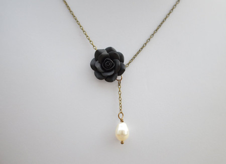 Alexa Drop Necklace in Black Rose with Tear Drop Pearl