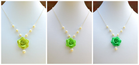 Hannah Centered Necklace in Green Rose with Pearls ( Light-Apple-Kelly Green)