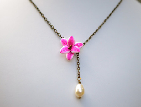 Helena Drop Necklace in Pink Stargazer Lily with Pearl