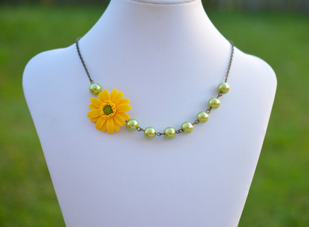 Olivia Asymmetrical Necklace in Yellow Gerbera Daisy and Spring Green Pearls. FREE EARRINGS