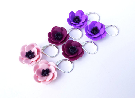 Simple Dangle Anemone Earrings in Pink Apricot, Purple and Eggplant