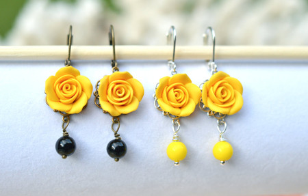 Tamara Statement Earrings in Yellow Rose with Black or Yellow Beads.