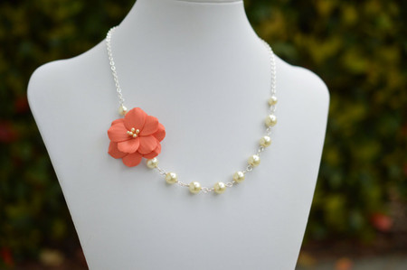 Brenda Asymmetrical Necklace in  Coral Orange Garden Rose. FREE EARRINGS