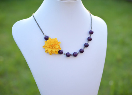 Brooklyn Asymmetrical Necklace in Golden Yellow Dahlia with Purple Jade. FREE EARRINGS