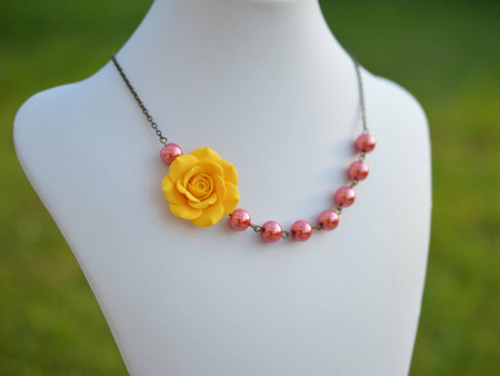 Olivia Asymmetrical Necklace in Golden Yellow with Guava Pink Pearls. FREE EARRINGS
