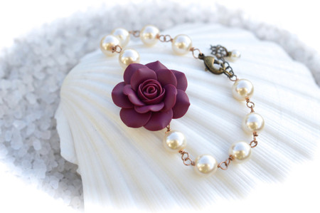 Aaliyah Link Bracelet in Eggplant Rose and Pearls 