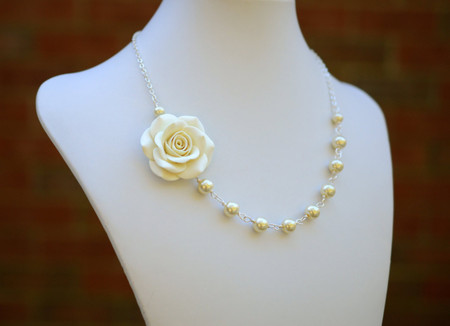 Alysson Asymmetrical Necklace in Ivory/Cream Rose. FREE EARRINGS
