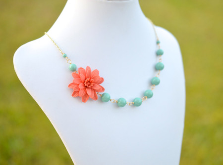 Kayla Asymmetrical Necklace in Coral Dahlia and Green Jade Swarovski Pearls. FREE EARRINGS