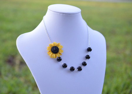 Brooklyn Asymmetrical Necklace in Golden Yellow Sunflower with Black Beads. FREE EARRINGS