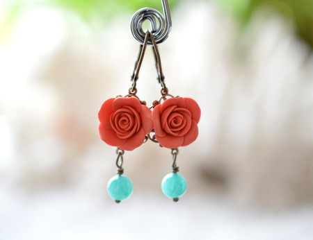 Tamara Statement Earrings in Coral orange Rose and Blue Stones