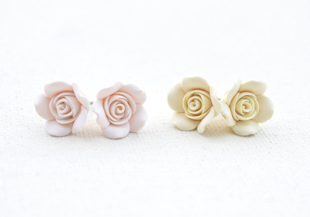 Ivory or White Rose Stud Earrings