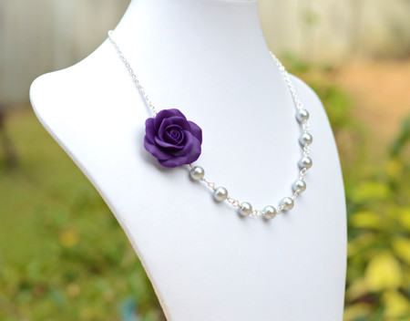 Jessica Asymmetrical Necklace in Deep Purple with Light Grey Pearls. FREE EARRINGS