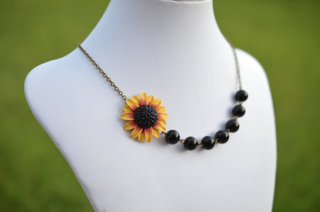 Charlie Asymmetrical Necklace in Red Yellow Sunflower with Black Beads. FREE EARRINGS