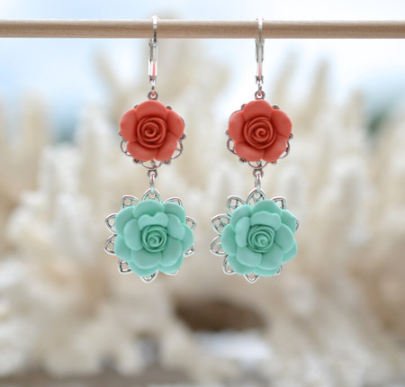 Mardy Double Roses Statement Earrings in Mint and Coral 